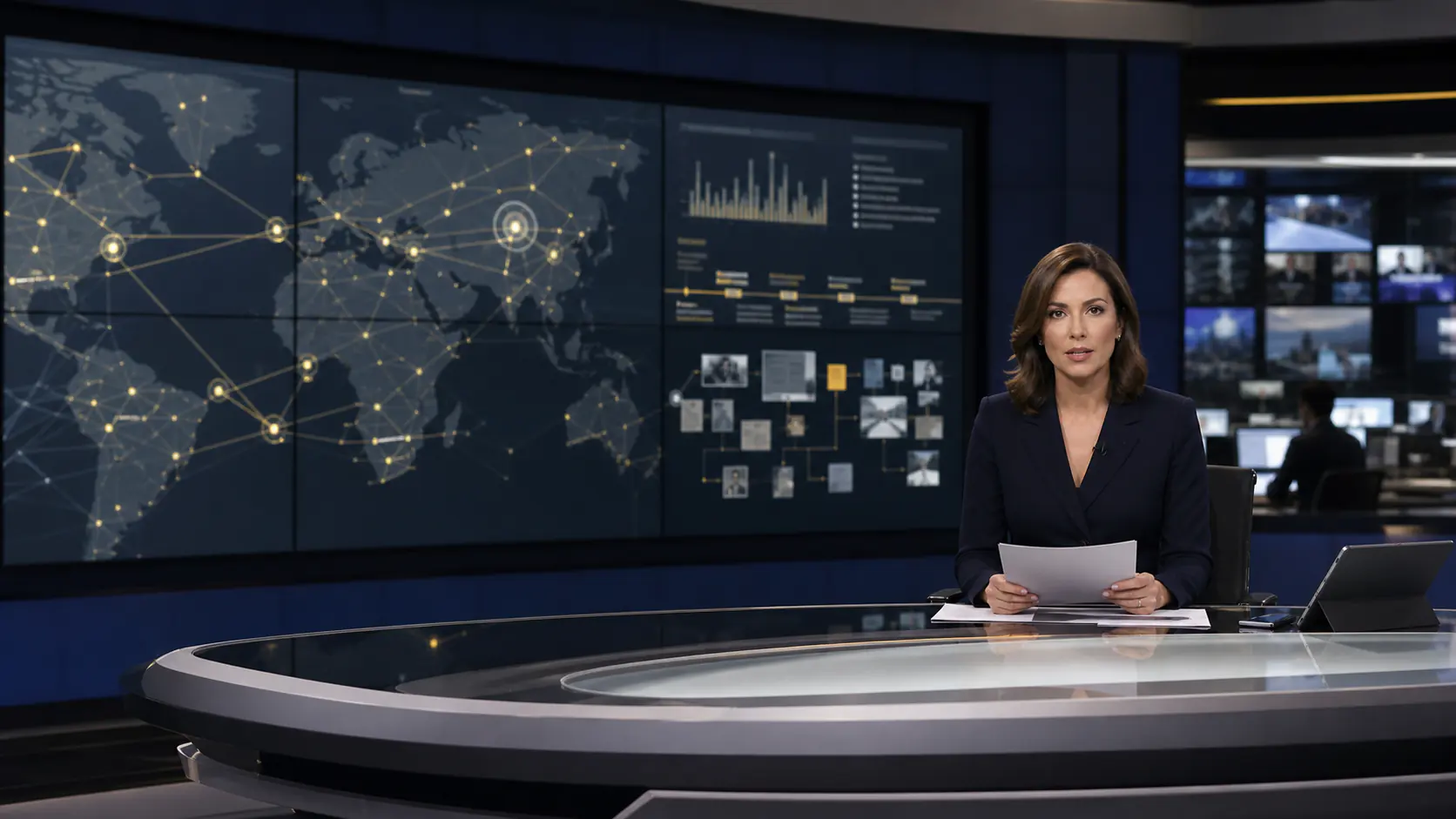 Illustrative television studio featuring a global investigation network